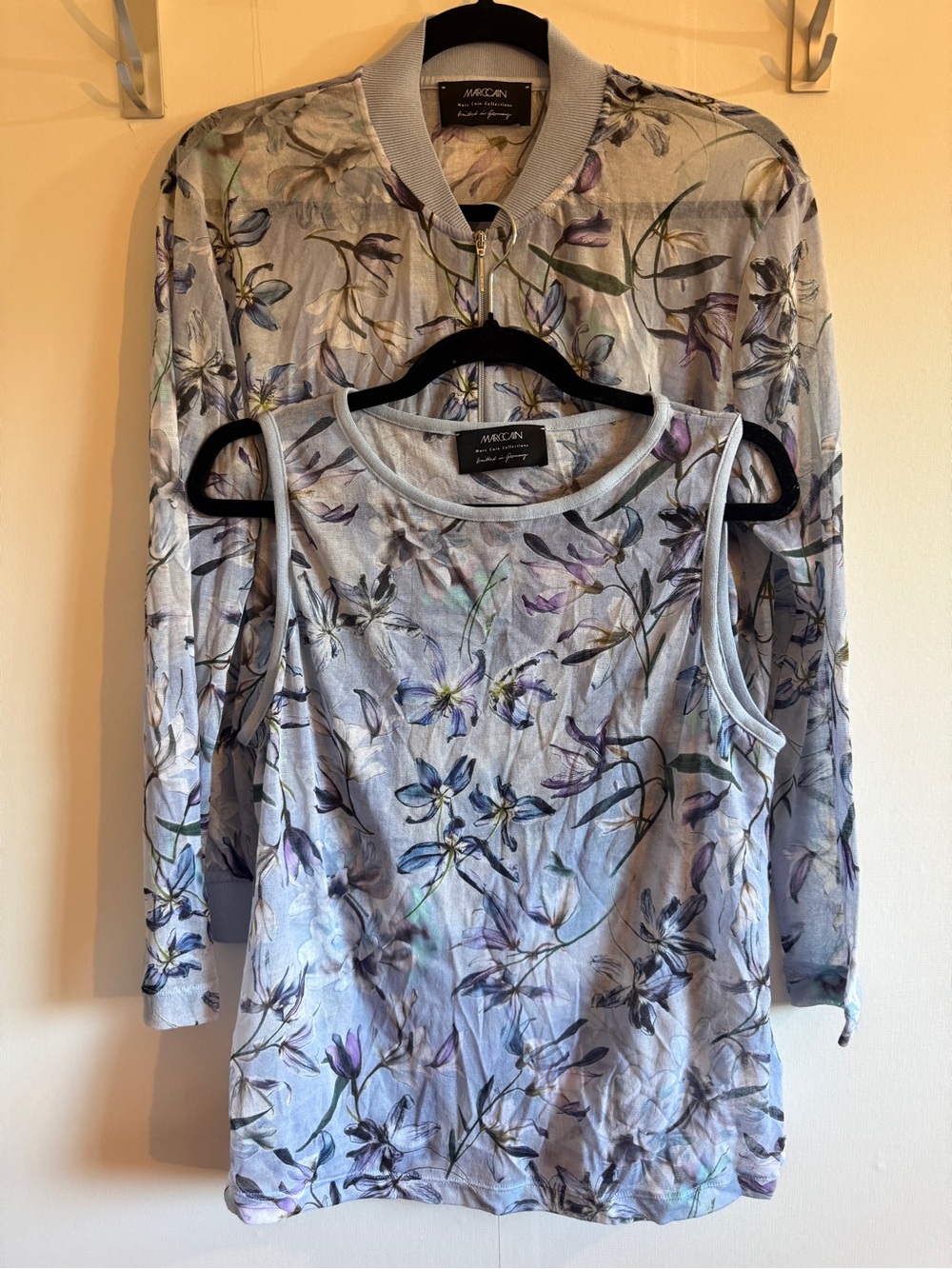Marc Cain Floral KnitTwin Set Cardigan Tank Top German Designer Blue Size Medium